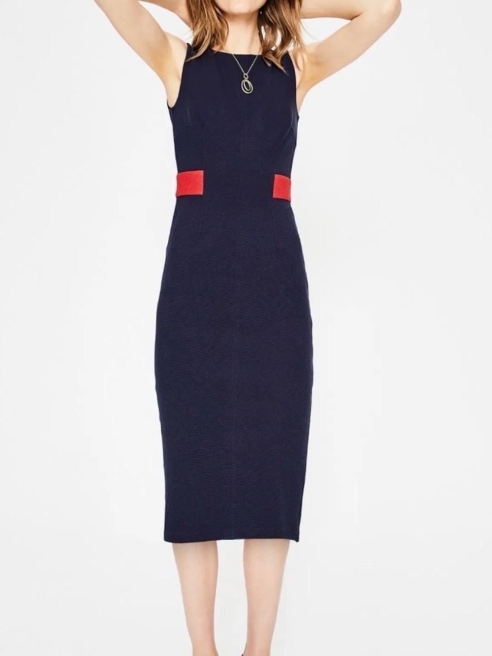 Boden Navy Midi Sheath Dress with Red Waist Tabs